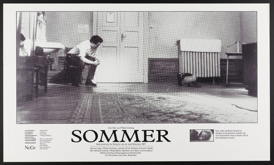 A man trying to get inside the mind of his autistic son; advertising the film "Sommer" by Philip Gröning. Lithograph, ca. 198- (?).