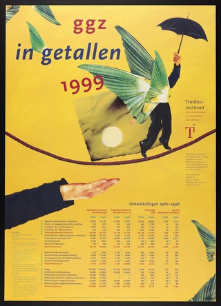 A precarious figure on a tightrope, representing statistics of mental illness in the Netherlands for 1980-1996. Colour lithograph for the Trimbos-instituut, 1999.