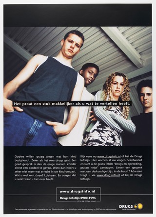 Four young people having difficulty talking to their parents about drugs; advising young people in the Netherlands to discuss drug abuse with their parents. Colour lithograph for the Drugs Infolijn and the Trimbos-instituut, 200-.