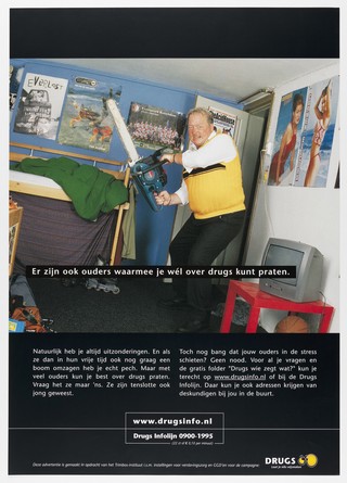 A father with a chainsaw running amok in a teenage boy's bedroom; representing a parent to whom it is difficult to talk about drugs, but who is not typical of all parents. Colour lithograph for the Drugs Infolijn and the Trimbos-instituut, 200-.