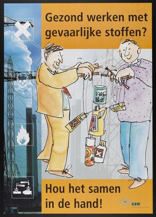 Two men holding dangerous substances as if they were string-puppets (marionettes); representing the need for care with hazardous substances in the workplace. Colour lithograph for the Centrum Gezondeidsbevordering op de Werkplek, 200-.
