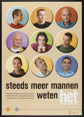 Nine badges showing portraits of gay men; recommending testing for HIV. Colour lithograph for the Schorerstichting, ca. 2003.