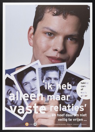 A young gay man with close relationships affecting his views on safe sex. Colour lithograph by Gebr. Silvestri for the Schorerstichting, 2001.