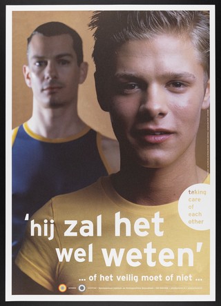 Two gay men with a statement on the need for safe sex. Colour lithograph by Gebr. Silvestri for the Schorerstichting, 2001.