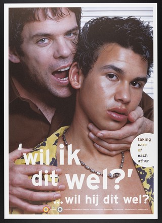 A gay man embracing a younger Asian man, with a statement on the need for safe sex. Colour lithograph by Gebr. Silvestri for the Schorerstichting, 2001.