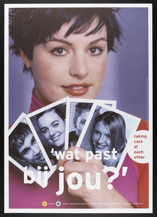 A young lesbian with photographs of other lesbians, and the question "What is your type?". Colour lithograph by Gebr. Silvestri for the Schorerstichting, 2001.