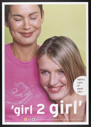 A lesbian couple smiling. Colour lithograph by Gebr. Silvestri for the Schorerstichting, 2001.