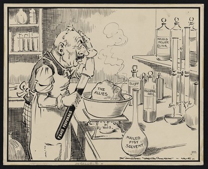 World War I: the Kaiser as a chemist trying to dissolve the Allies but finding that his solvents do not work. Ink drawing by J. Walker, 1916.