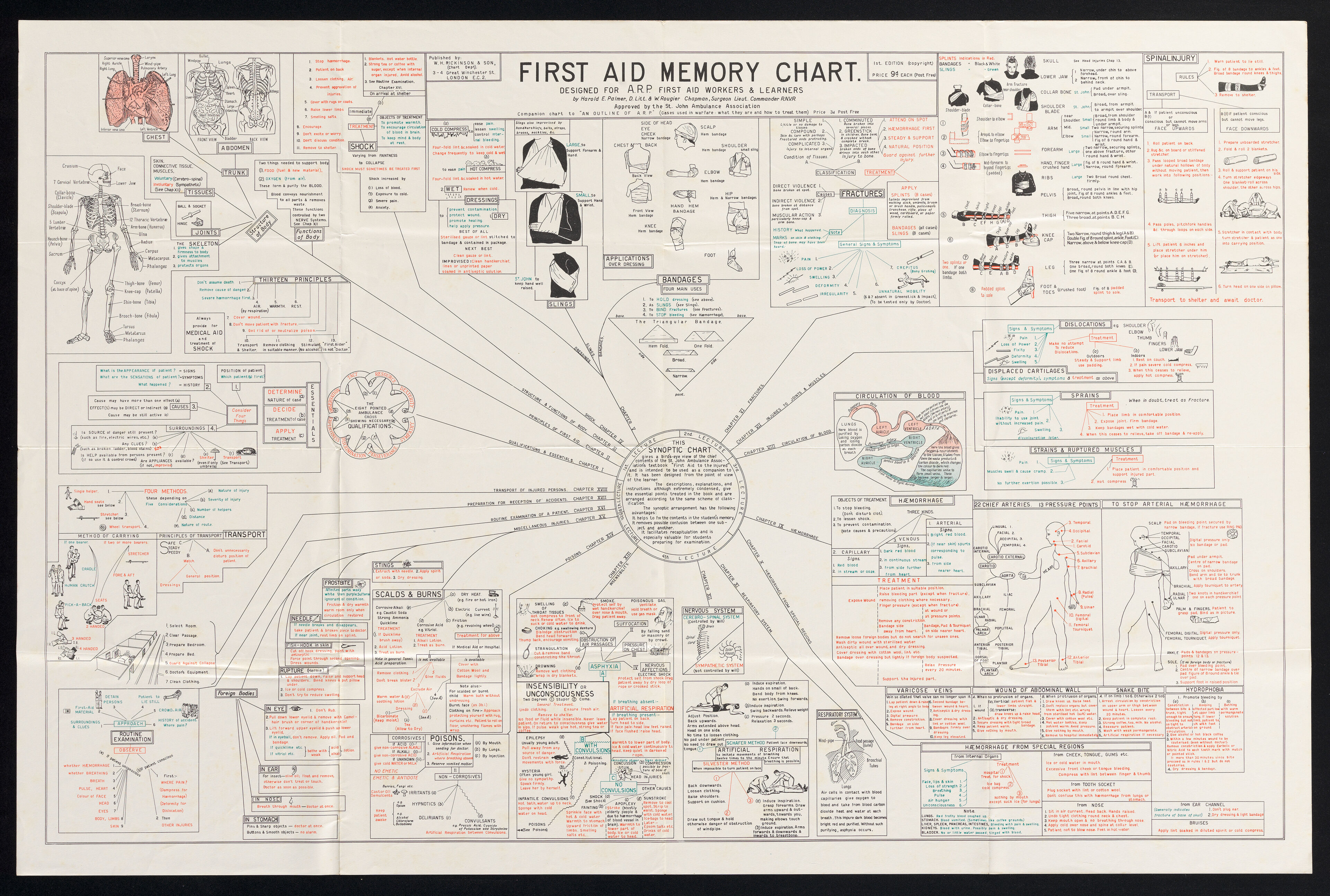 First aid memory chart : designed for A.R.P. first aid workers & learners / by Harold E. Palmer, D. Litt. & W. Rougier Chapman, Surgeon Lieut. Commander R.N.V.R. ; approved by the St. John Ambulance Association.