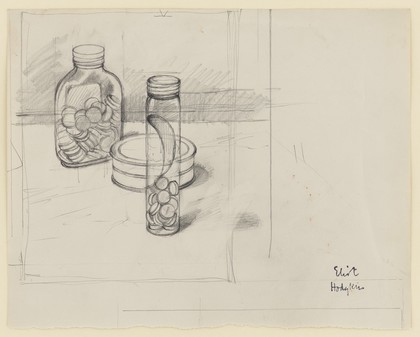 A box, a bottle and a tube for ointment, pills and tablets. Pen and pencil drawing by E. Hodgkin, ca. 1969.