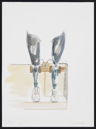 Prosthetic legs wearing a pair of trainers. Watercolour by Julia Midgley, 2012.