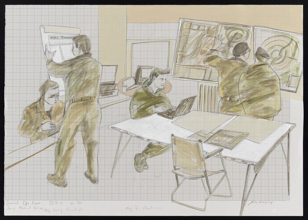 Medical staff in training in Yorkshire for operations in Helmand Province, Afghanistan. Watercolour by Julia Midgley, 2012.