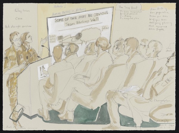 A lecture to medical staff in London in training for operations in Helmand Province, Afghanistan. Watercolour by Julia Midgley, 2013.