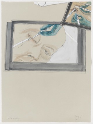 Sewing up of an eye cavity in a cadaver after removal of the eye for training of surgeons. Watercolour by Julia Midgley, 2013.