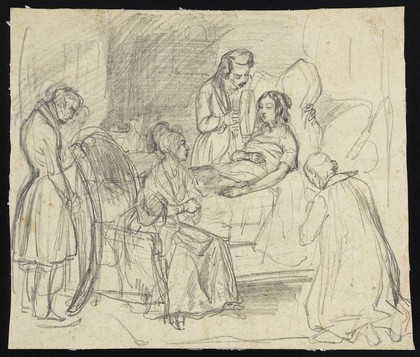 A young woman on her deathbed surrounded by four people: one of them holds a mirror in front of her. Drawing by H. Lalaisse, 18--.