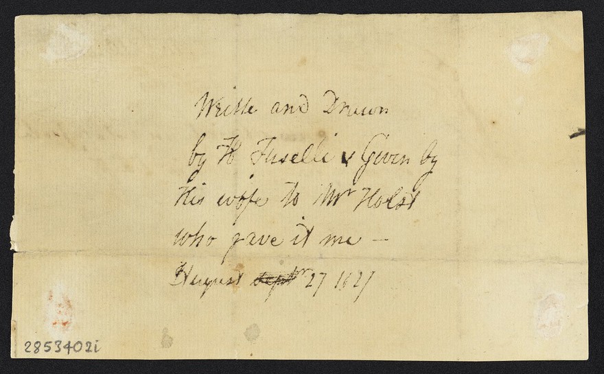 Muscles and bones of the leg; thoughts on woman. Drawing and inscription by H. Fuseli, 18-.