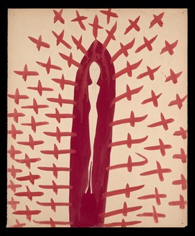 A girl in a red aureole surrounded by red crosses; representing fear of the Iron Maiden of Nuremberg. Watercolour by M. Bishop, 1967.