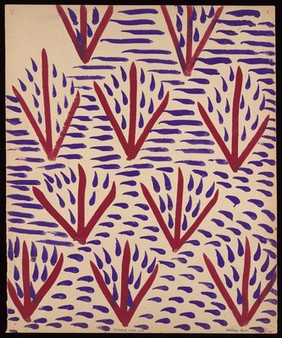 Ten red arrows with purple teardrops. Watercolour by M. Bishop, 1967.