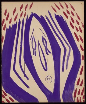 A purple face in anguish, with raised arms and red darts. Watercolour by M. Bishop, 1967.