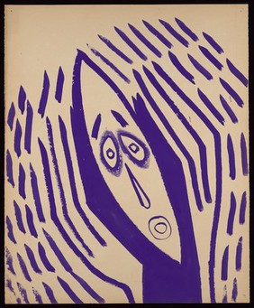 A purple face in anguish, with raised arms and purple darts. Watercolour by M. Bishop, 1967.