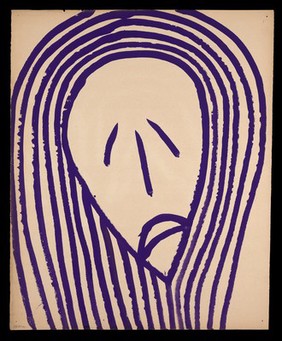 A purple face in anguish, with long purple hair (Christ?). Watercolour by M. Bishop, 1967.