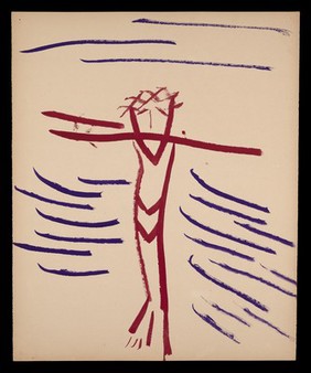 Christ crucified (?). Watercolour by M. Bishop, 1967.