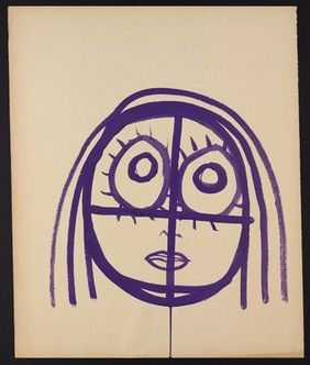 A face (self-portrait aged 10). Watercolour by M. Bishop, 1967.