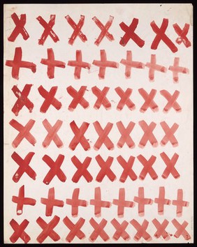 Seven lines of red saltires and crosses. Watercolour by M. Bishop, 1976.