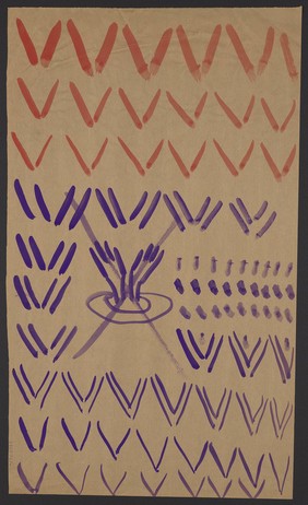 Red and purple V-shapes, with a pair of hands in the same formation. Watercolour by M. Bishop, 1977.