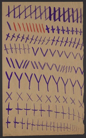 Purple crosses, saltires, Y-shapes, V-shapes etc. and red diagonals. Watercolour by M. Bishop, ca. 1977.