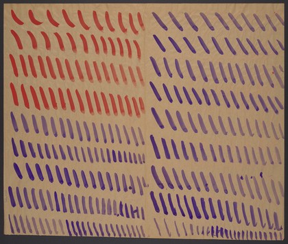 Red diagonals and loops (left); purple diagonals with two red Calvaries (right); representing suffering. Watercolour by M. Bishop, 1977.