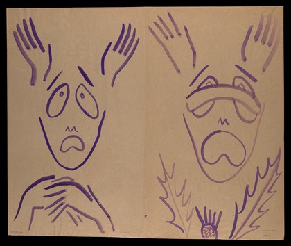 (Left) a purple face in distress; (right) a purple face in distress, blindfolded, with thistles. Watercolour by M. Bishop, 1977.