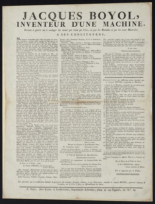 Jacques Boyol, inventeur d'une machine, servant à guérir ou à soulager les maux qui n'ont pû l'être, ni par les remèdes ni par les eaux minérales : à ses concitoyens.
