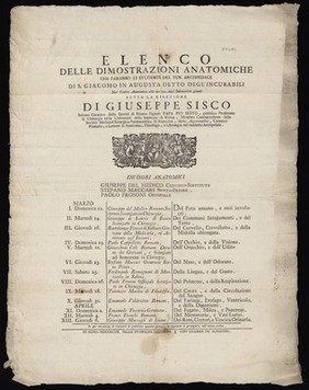 Elenco delle dimostrazioni anatomiche che faranno li studenti del ven. arcispedale di S. Giacomo in Augusta detto degl'incurabili : nel teatro anatomico alle ore 22. degl'infrascritti giorni sotto la direzione di Giuseppe Sisco.