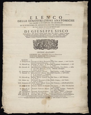 Elenco delle dimostrazioni anatomiche che faranno li studenti del ven. arcispedale di S. Giacomo in Augusta detto degl'incurabili : nel teatro anatomico alle ore 22. degl'infrascritti giorni sotto la direzione di Giuseppe Sisco.