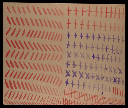 Left, ten rows of red and purple gates, crosses and saltires; right, ten rows of red diagonals. Watercolour by M. Bishop, ca. 1977.