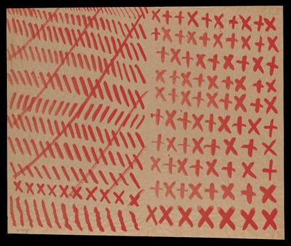 Left, eleven rows of red diagonals and saltires, crossed through; right, ten rows of red saltires and crosses. Watercolour by M. Bishop, ca. 1977.