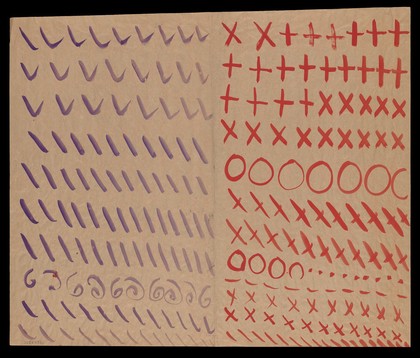 Left, ten rows of purple hooks, diagonals and whorls; right, twelve rows of red saltires, crosses, circles, dots and dashes. Watercolour by M. Bishop, ca. 1977.