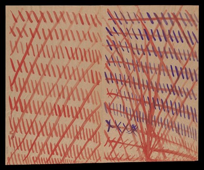 Left, red diagonals crossed though diagonally; right, red and purple diagonals and saltires crossed though vertically and diagonally. Watercolour by M. Bishop, ca. 1977.