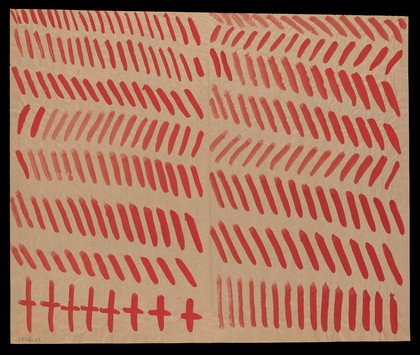 Left, red diagonals and crosses; right, red diagonals and uprights. Watercolour by M. Bishop, ca. 1977.