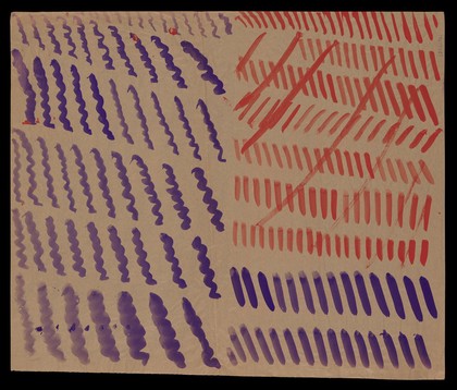 Left, purple and red diagonals crossed through diagonally in red; right, purple spirals. Watercolour by M. Bishop, ca. 1977.