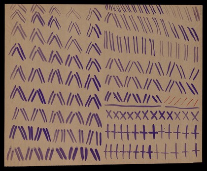 Left, ten rows of purple and red crosses, saltires, dashes and diagonals; right, nine rows of purple diagonals in V-formations. Watercolour by M. Bishop, ca. 1977.