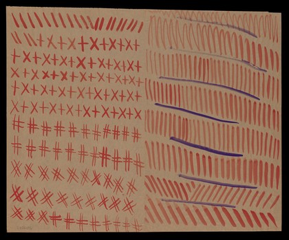Left, eleven rows of red crosses, saltires and diagonals; right, red and purple uprights, darts, diagonals and dashes. Watercolour by M. Bishop, ca. 1977.