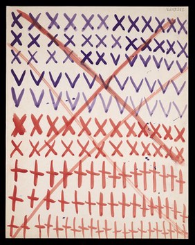 Purple and red crosses, saltires and V-forms criss-crossed diagonally in red. Watercolour by M. Bishop, ca. 1977.