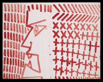 Left, red upright strokes and a face in profile; right, red diagonals, saltires and crosses. Watercolour by M. Bishop, ca. 1977.