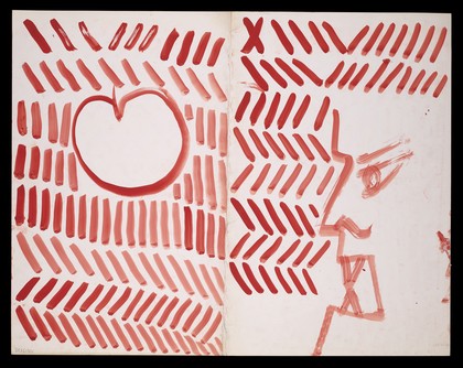 Left, red upright strokes and diagonals around an apple; right, red diagonals, a saltire and a face in profile. Watercolour by M. Bishop, ca. 1977.