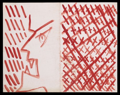 Left, a red face in profile with diagonals; right, red crosses and saltires crossed through diagonally. Watercolour by M. Bishop, ca. 1977.