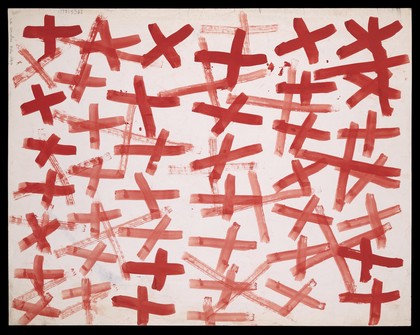 Six rows of red crosses. Watercolour by M. Bishop, 1976.