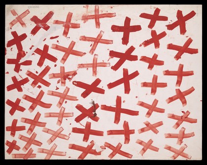 Seven rows of red crosses and saltires. Watercolour by M. Bishop, 1976.