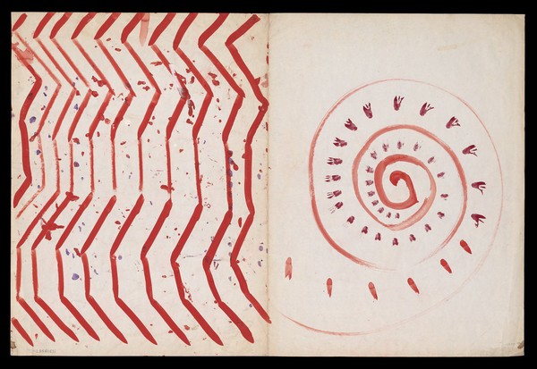 Left, red parallel jointed lines; right, a red spiral. Watercolour by M. Bishop, ca. 1977.